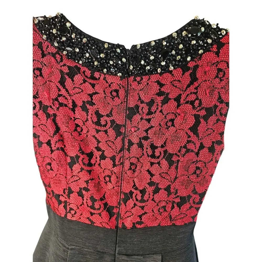 Eliza J Sz 4P Red/Blk Floral Dress Beaded Collar Lace Fit and Flare - Picture 3 of 13